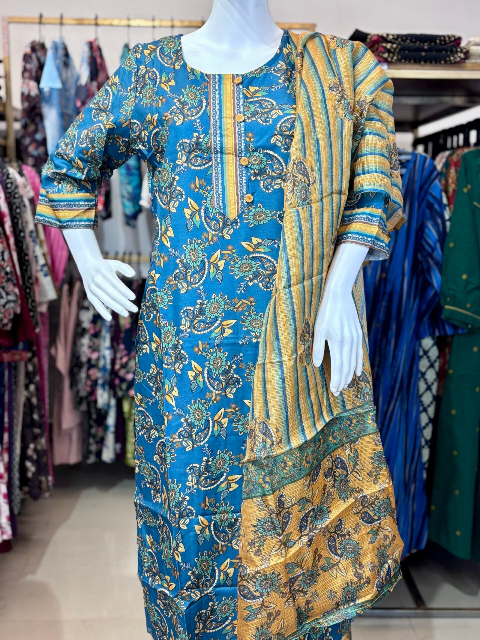 Printed Kurti Set with Dupatta & Palazzo Pants – Blue & Mustard Floral - Image 5