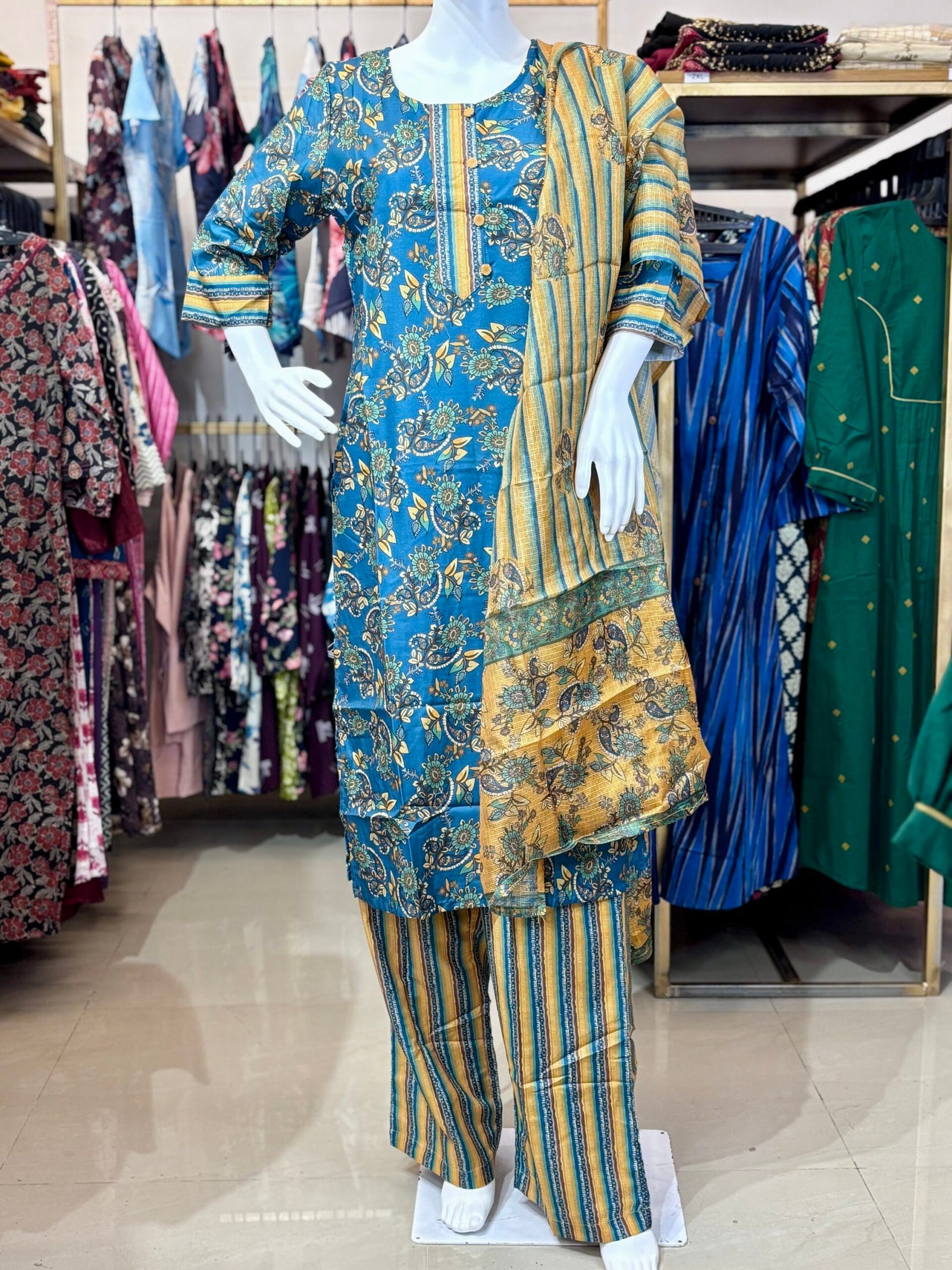 Printed Kurti Set with Dupatta & Palazzo Pants – Blue & Mustard Floral - Image 4