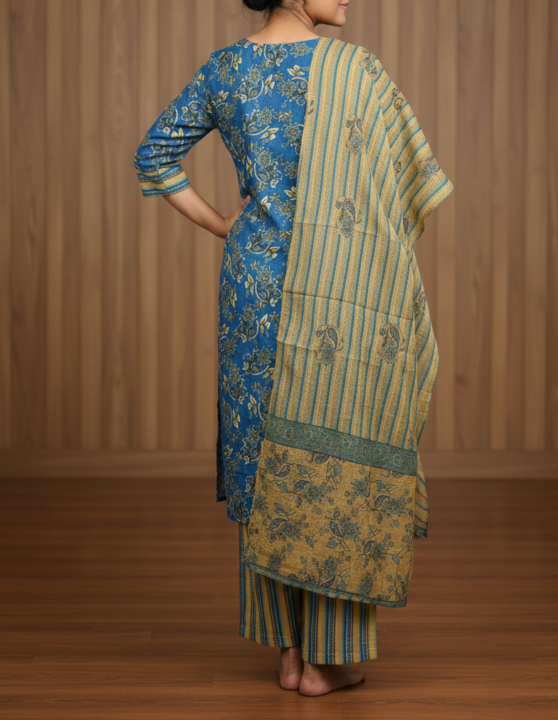 Printed Kurti Set with Dupatta & Palazzo Pants – Blue & Mustard Floral - Image 3