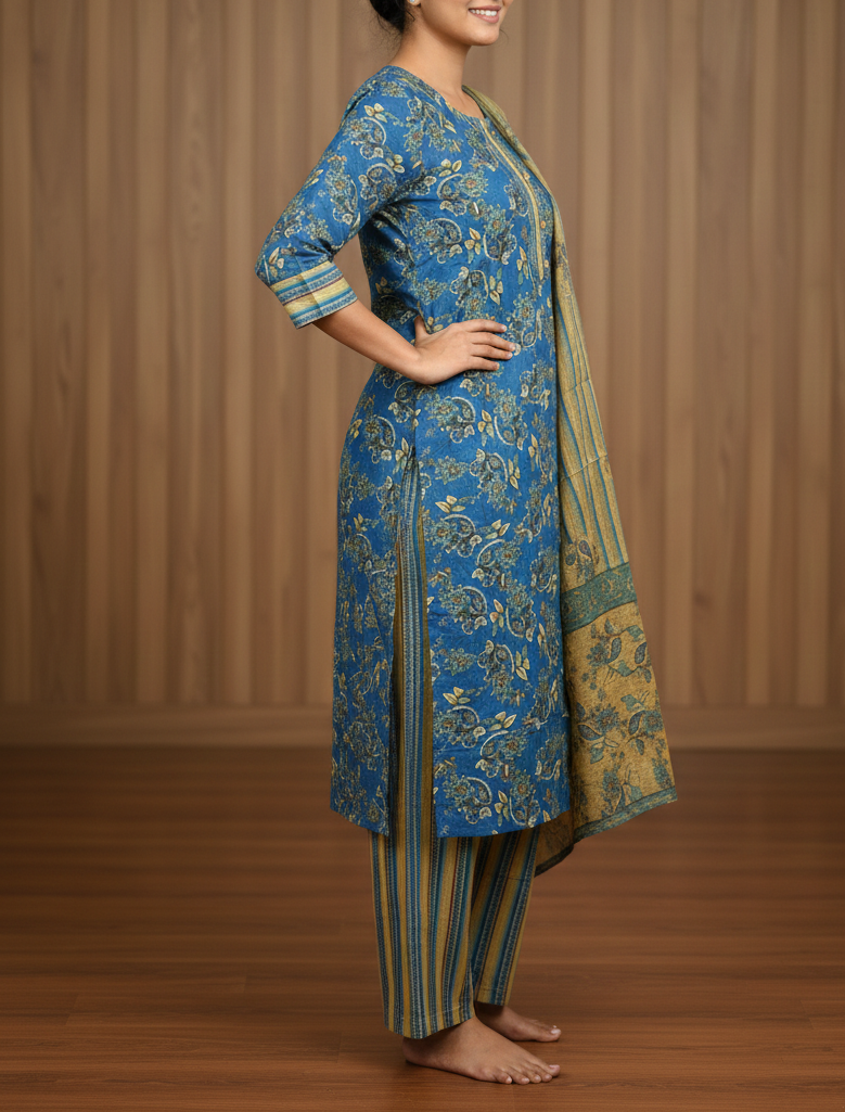 Printed Kurti Set with Dupatta & Palazzo Pants – Blue & Mustard Floral - Image 2