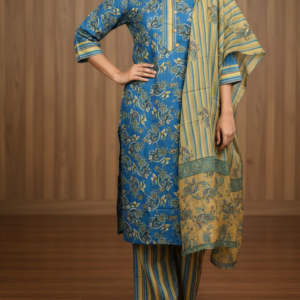 Printed Kurti Set with Dupatta & Palazzo Pants – Blue & Mustard Floral