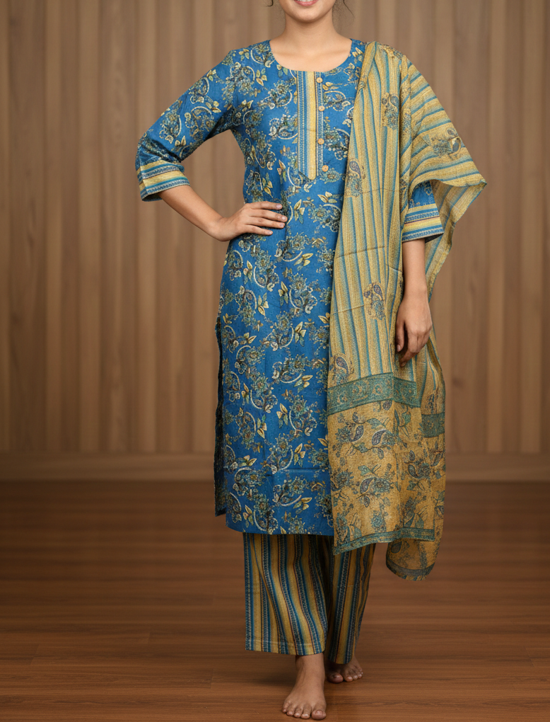 Printed Kurti Set with Dupatta & Palazzo Pants – Blue & Mustard Floral