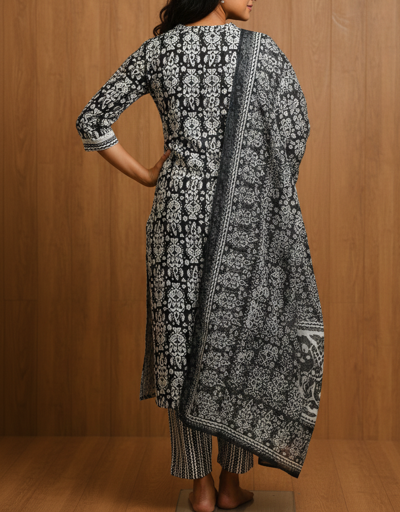Elegant Black & White Printed Kurti Set with Dupatta and Pants – 3 Piece Set - Image 3