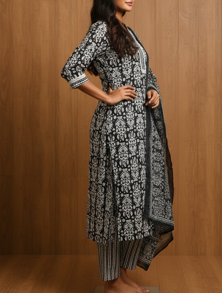 Elegant Black & White Printed Kurti Set with Dupatta and Pants – 3 Piece Set - Image 2