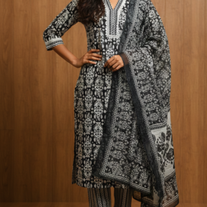 Elegant Black & White Printed Kurti Set with Dupatta and Pants – 3 Piece Set
