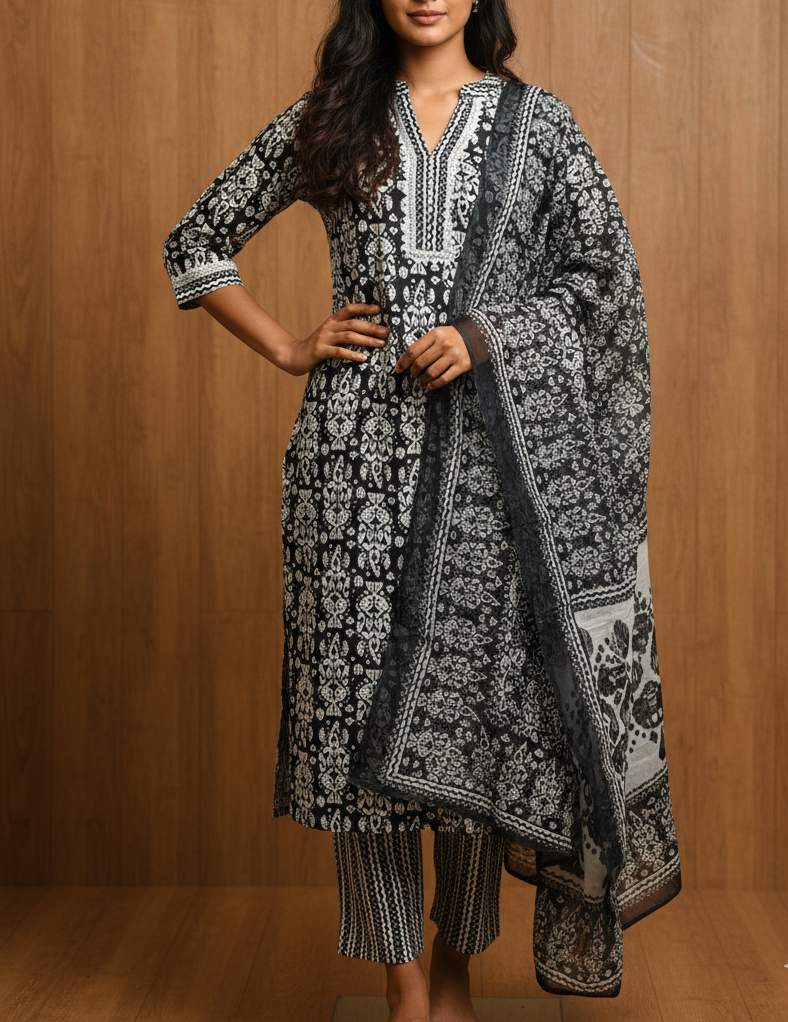 Elegant Black & White Printed Kurti Set with Dupatta and Pants – 3 Piece Set