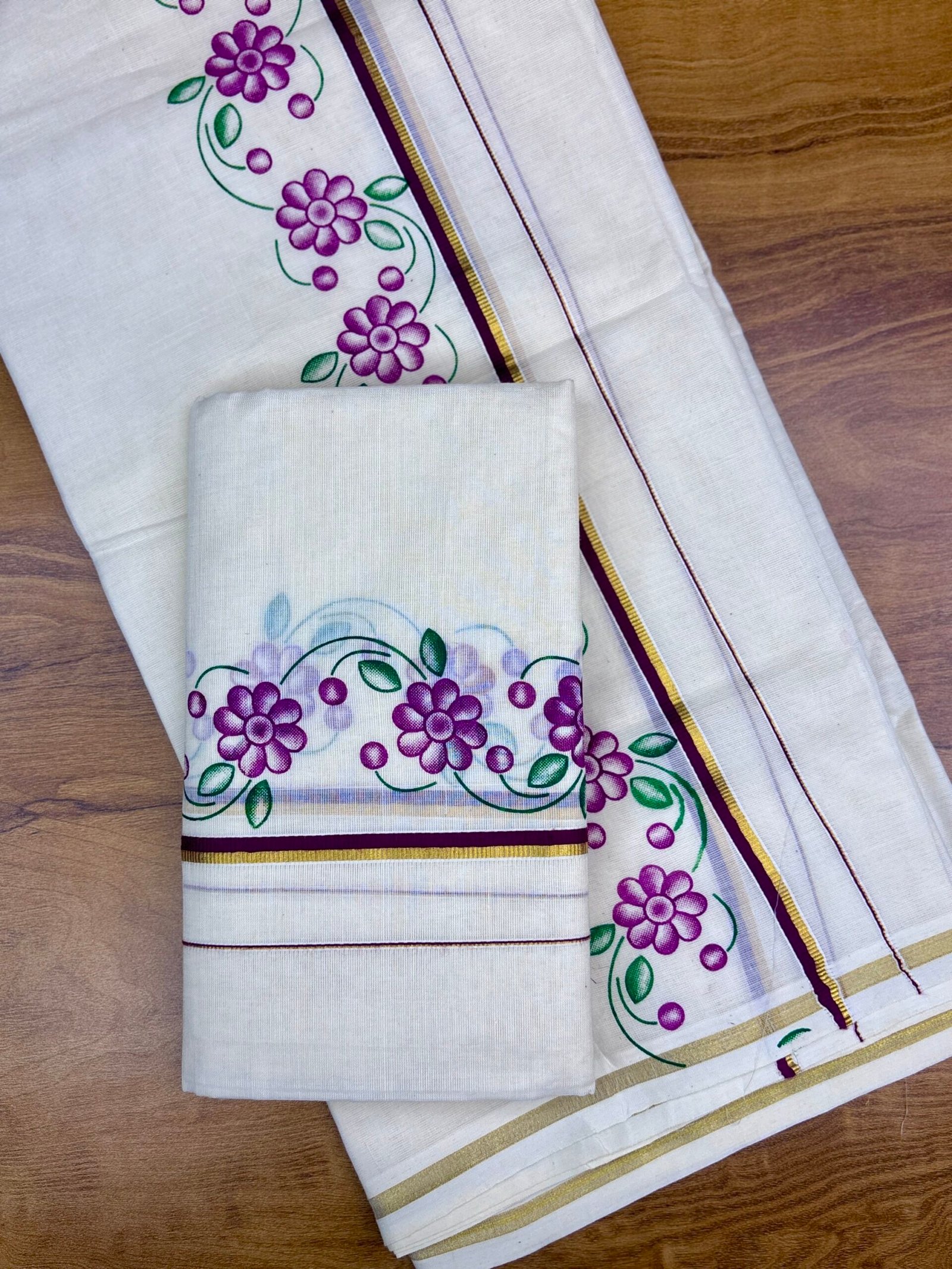 Floral print Puliyilakara set mund 2.80 mtr C (code 1450) - Image 2