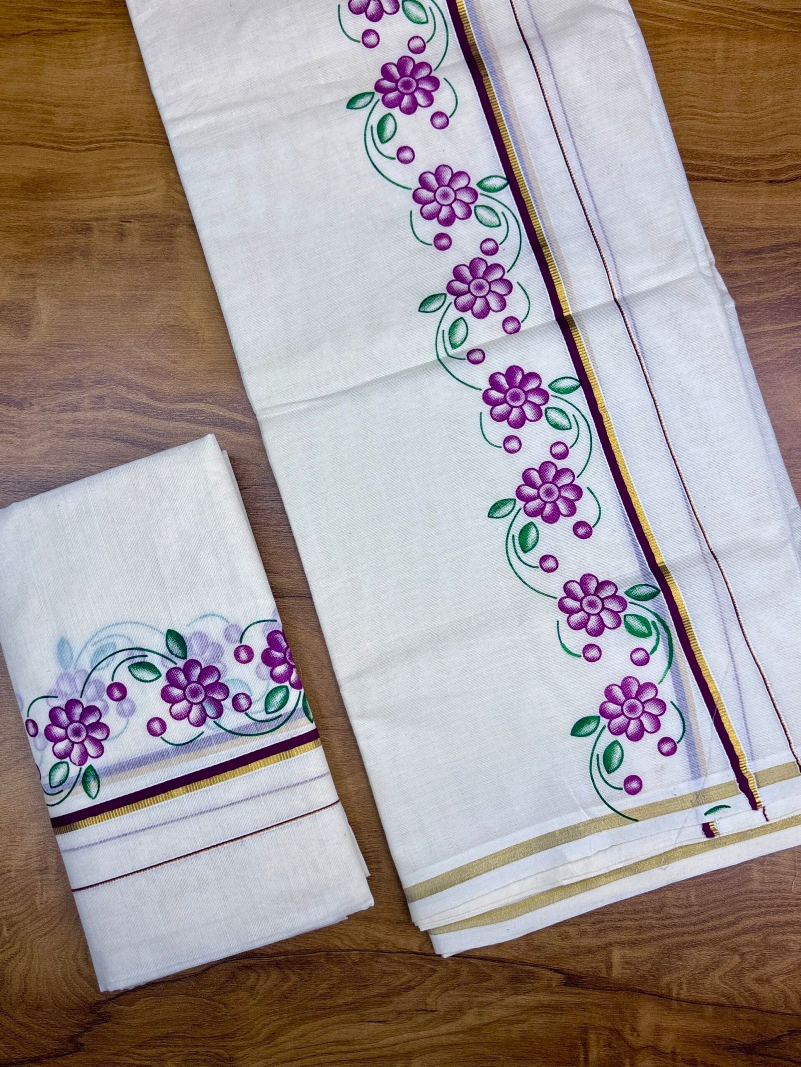Floral print Puliyilakara set mund 2.80 mtr C (code 1450) - Image 4