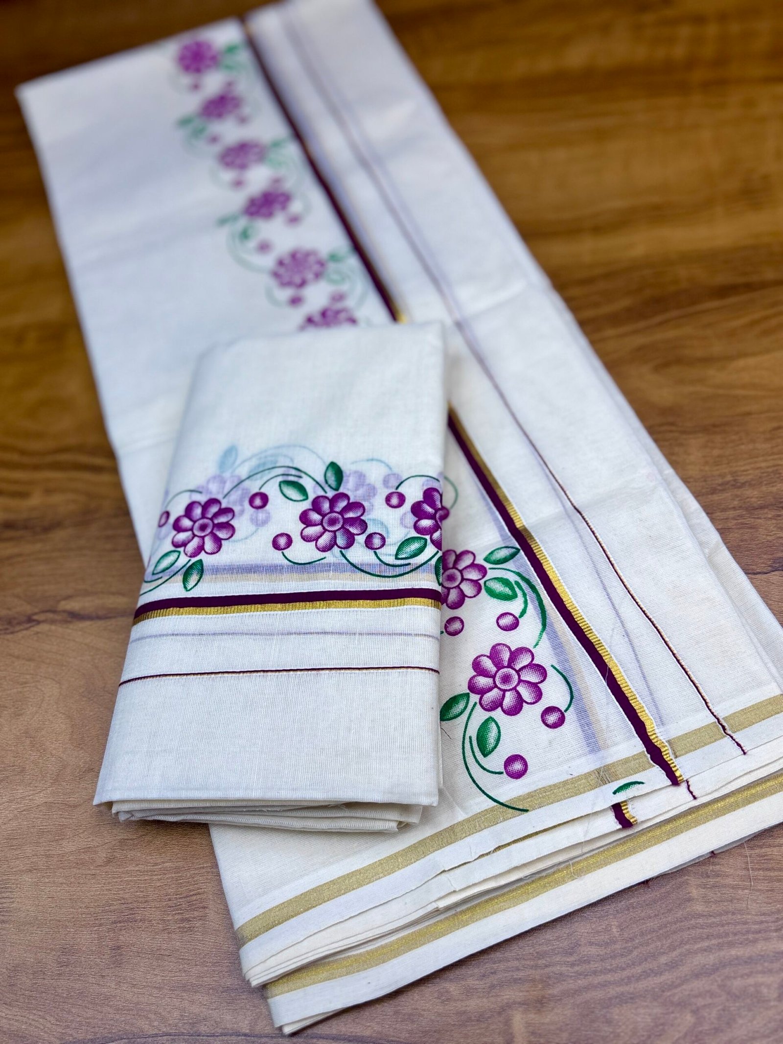 Floral print Puliyilakara set mund 2.80 mtr C (code 1450) - Image 3