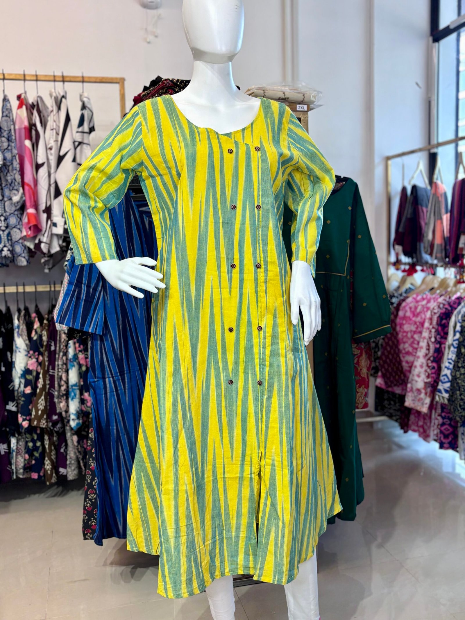 A-Line Ikat Print Kurti – Stylish 3/4 Sleeve(code:1433A) - Image 5