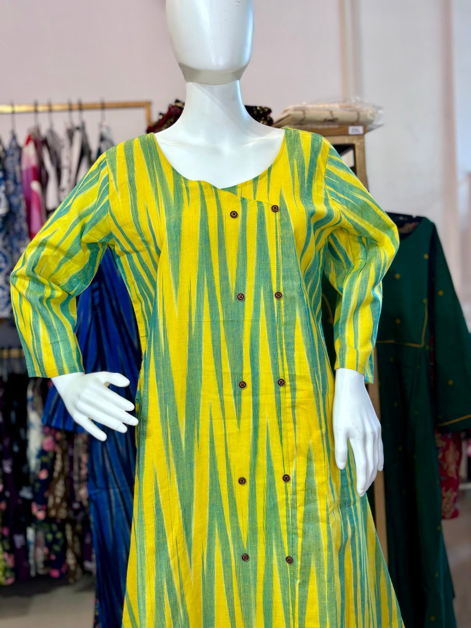 A-Line Ikat Print Kurti – Stylish 3/4 Sleeve(code:1433A) - Image 4