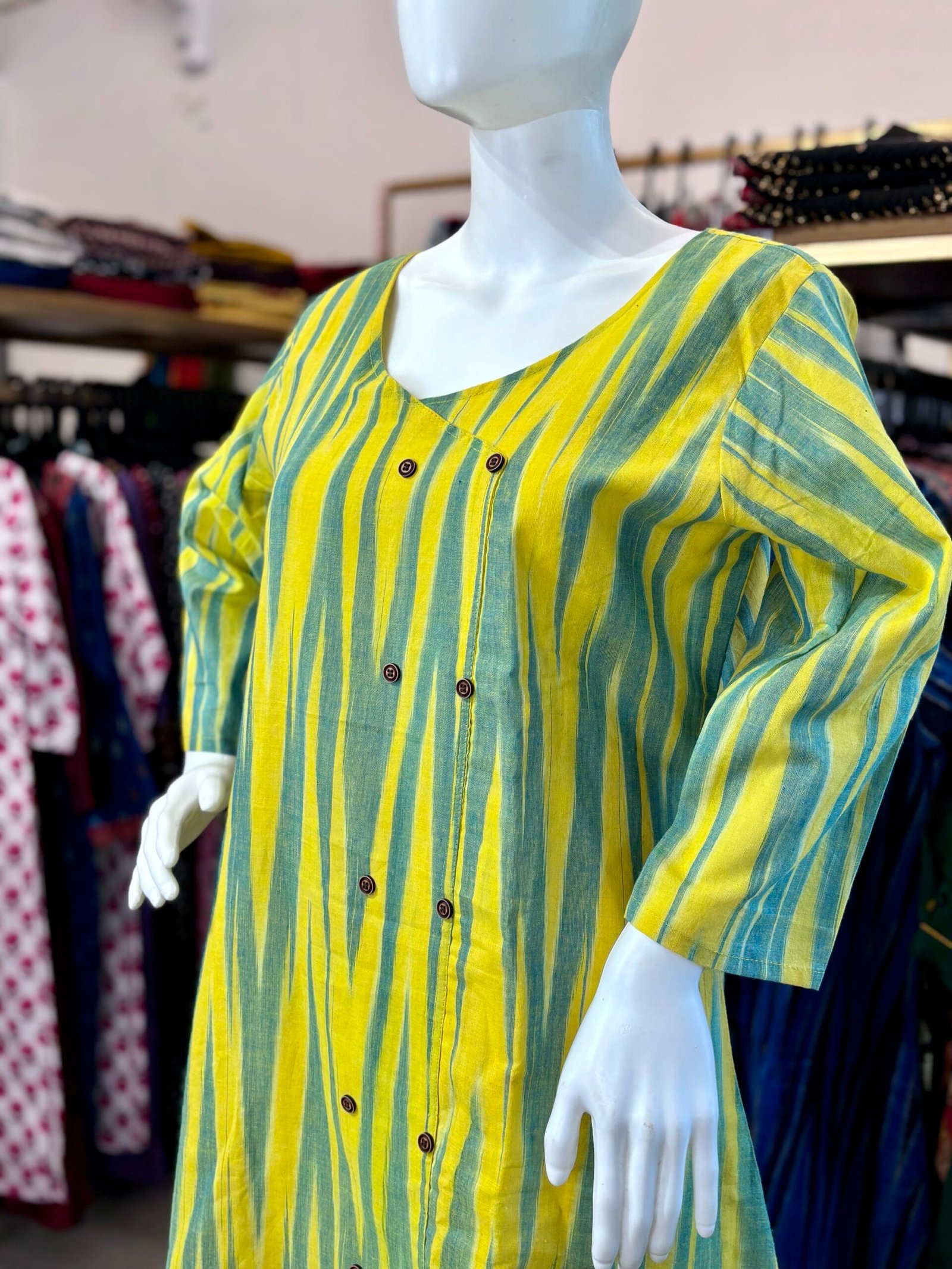 A-Line Ikat Print Kurti – Stylish 3/4 Sleeve(code:1433A) - Image 3