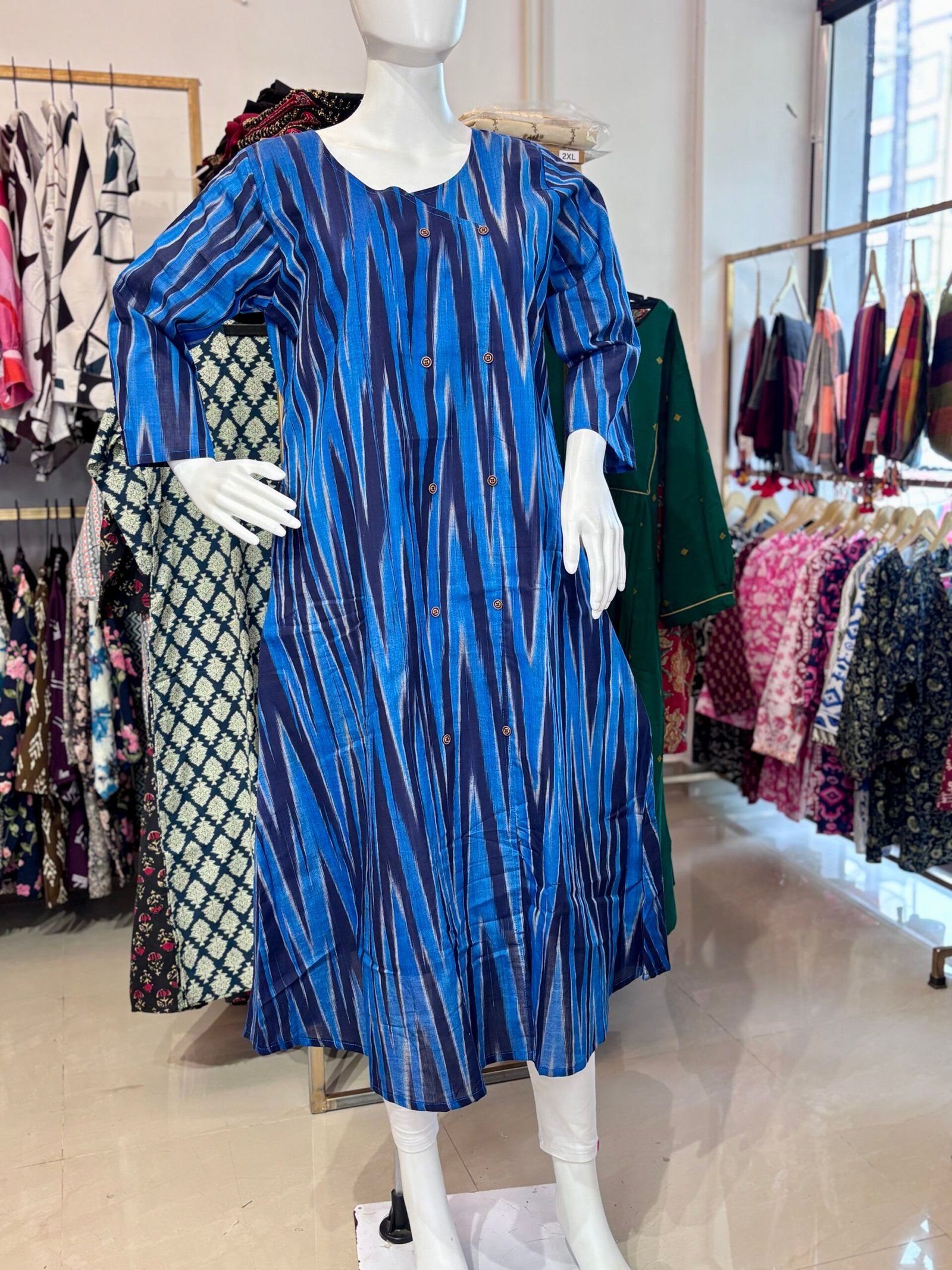 A-Line Ikat Print Kurti – Stylish 3/4 Sleeve(code:1433B) - Image 5