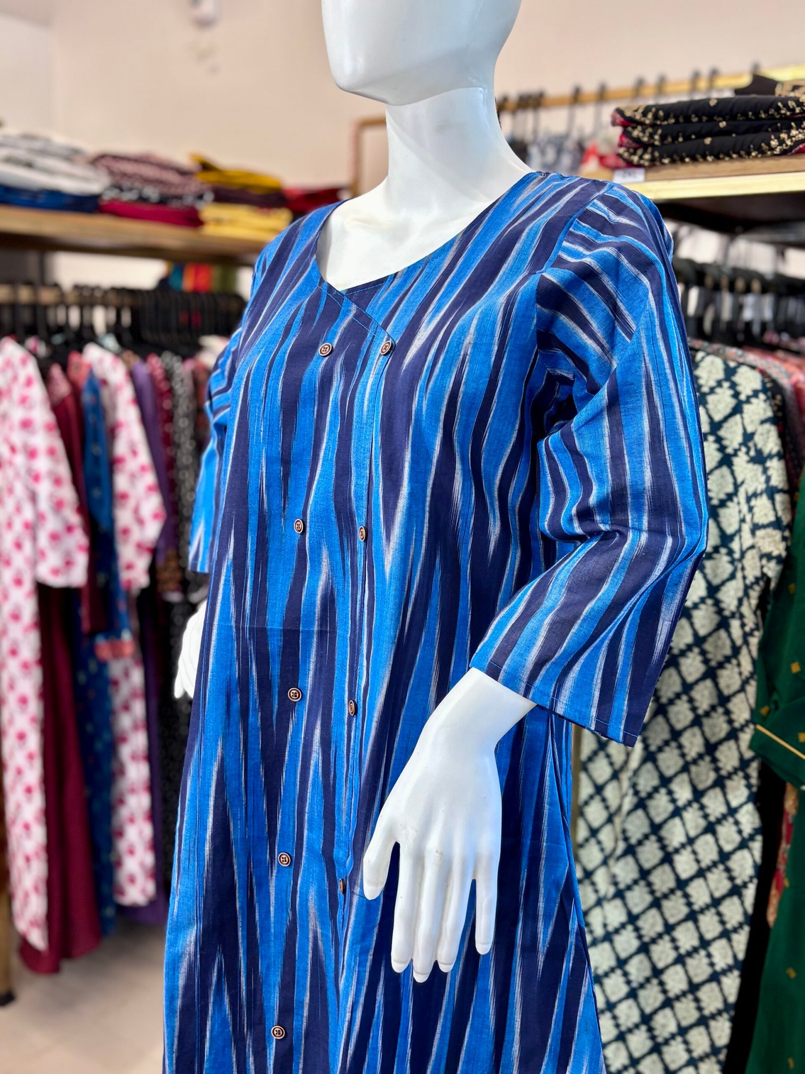 A-Line Ikat Print Kurti – Stylish 3/4 Sleeve(code:1433B) - Image 3