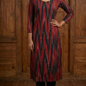 A-Line Ikat Print Kurti – Stylish 3/4 Sleeve(code:1433G) Meroon