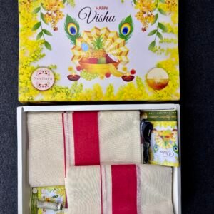 Kerala Traditional Set Mund with Vishu Kaineettam Card & Gift Box | Kattikara Cotton Set Mundu