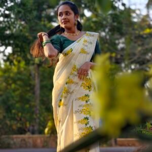 Vishu Special Set Mundu  –  Gada Cotton Set Mund with Kanikkonna Floral Print 2.80 Mtr