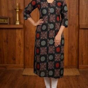 Women’s Ajrak Cotton Kurti with Lining | 3/4 Sleeves Straight Fit with Box Pleat Detail 2