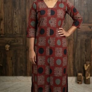 Women’s Ajrak Cotton Kurti with Lining | 3/4 Sleeves Straight Fit with Box Pleat Detail 2