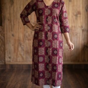 Women’s Ajrak Cotton Kurti with Lining | 3/4 Sleeves Straight Fit with Box Pleat Detail