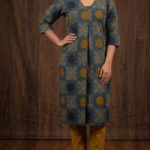 Women’s Ajrak Cotton Kurti with Lining | 3/4 Sleeves Straight Fit with Box Pleat Detail