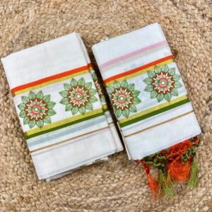 Kerala Set Mund 2.80 Meter | Premium Cotton Traditional Kasavu Mundu | Floral Printed Border with Golden zari