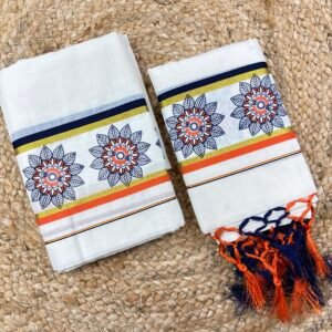 Kerala Set Mund 2.80 Meter | Premium Cotton Traditional Kasavu Mundu | Floral Printed Border with Golden zari Copy
