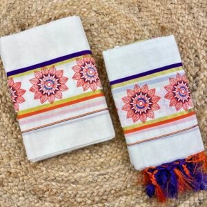 Kerala Set Mund 2.80 Meter | Premium Cotton Traditional Kasavu Mundu | Floral Printed Border with Golden zari Copy Copy