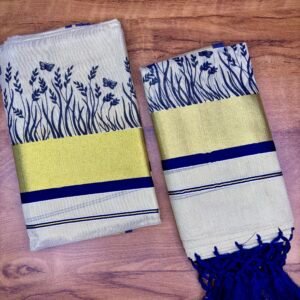 Premium Tissue Kerala Set Mundu (Mundum Neriyathum) – 2.80 Meter | Elegant Traditional Wear for Women Blue