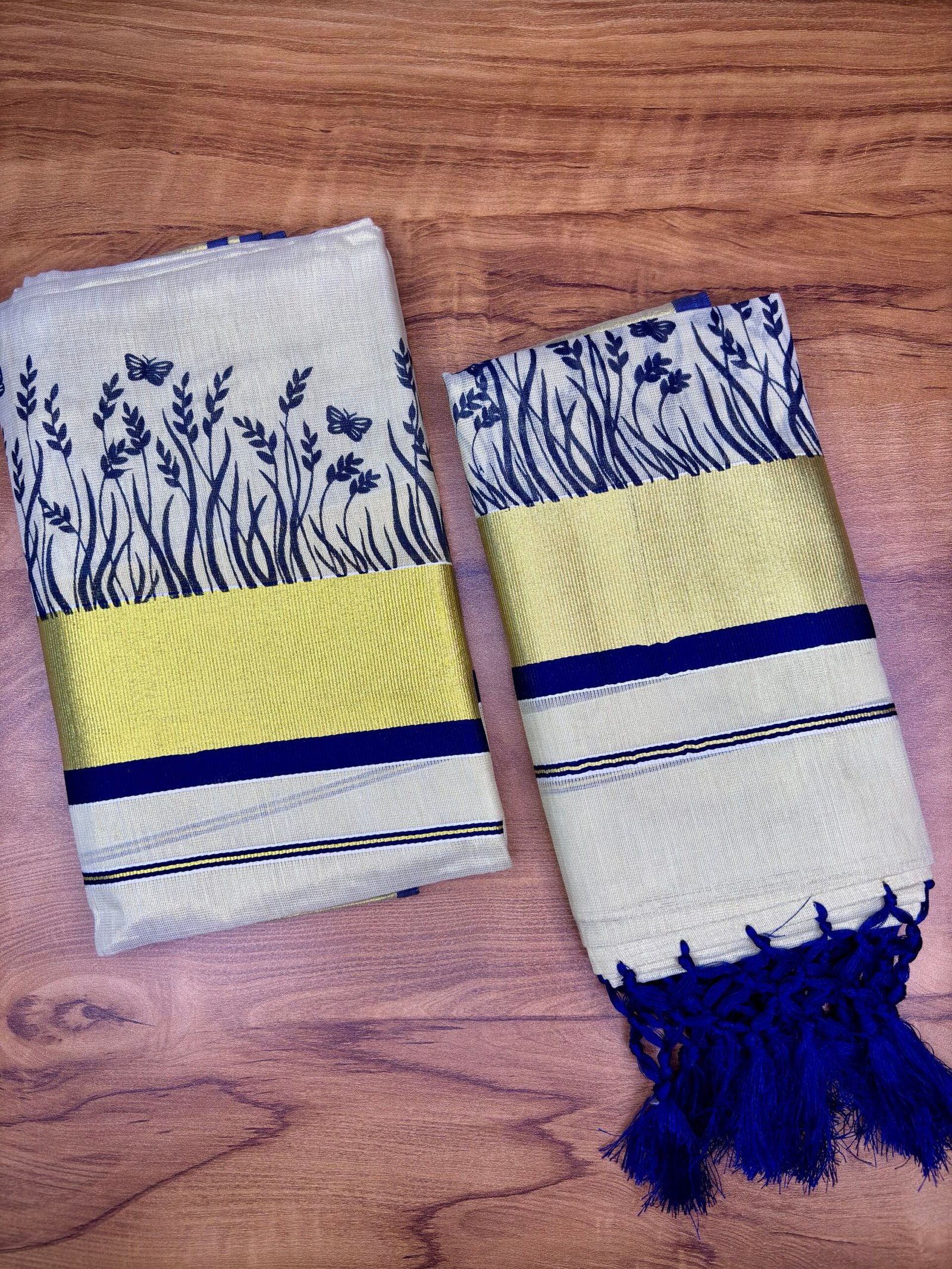 Premium Tissue Kerala Set Mundu (Mundum Neriyathum) – 2.80 Meter | Elegant Traditional Wear for Women Blue