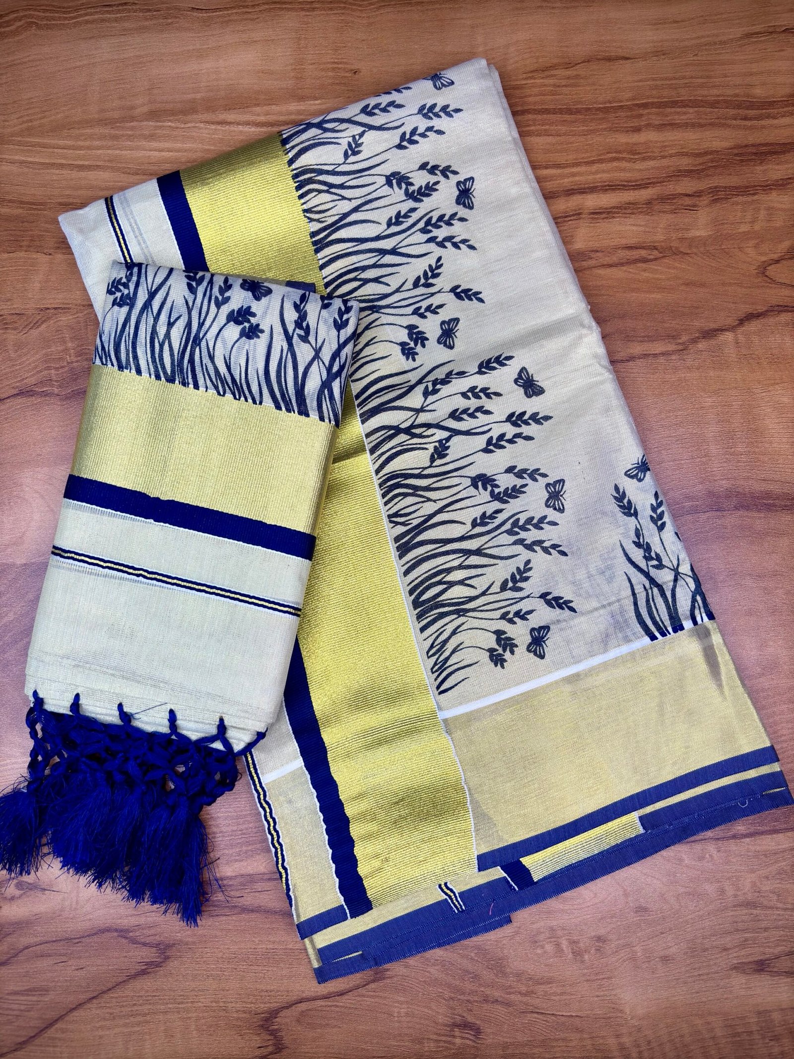 Premium Tissue Kerala Set Mundu (Mundum Neriyathum) – 2.80 Meter | Elegant Traditional Wear for Women Blue - Image 3