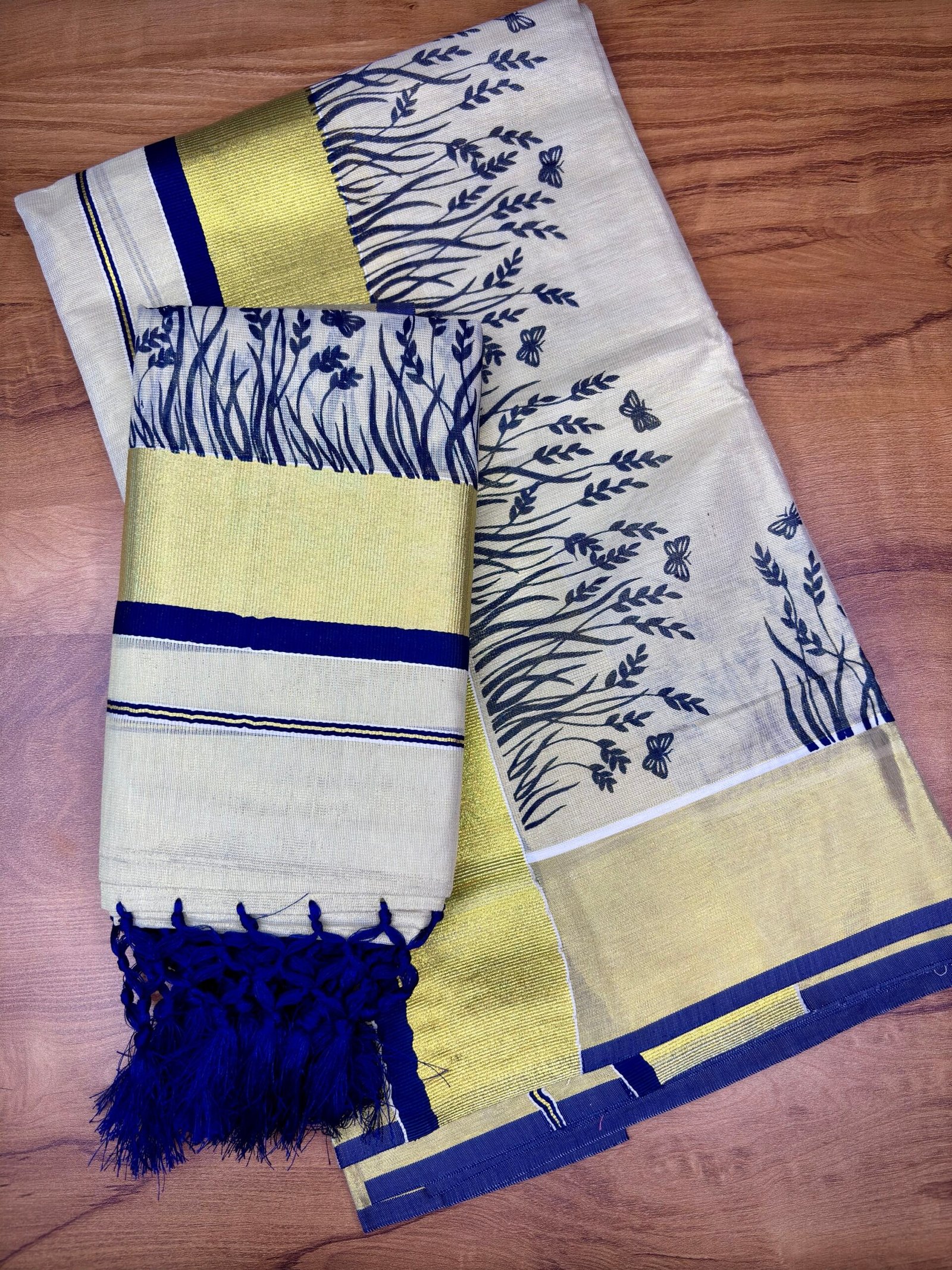 Premium Tissue Kerala Set Mundu (Mundum Neriyathum) – 2.80 Meter | Elegant Traditional Wear for Women Blue - Image 2