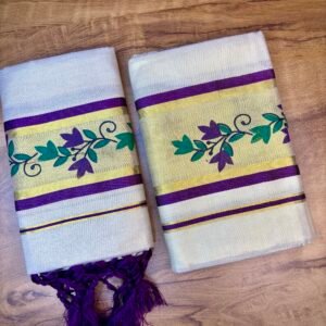 Tissue Set Mundu 2.80 Meter | Printed Floral Design Mundum Neriyathum with Tassels