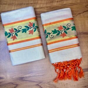 Tissue Set Mundu 2.80 Meter | Printed Floral Design Mundum Neriyathum with Tassels