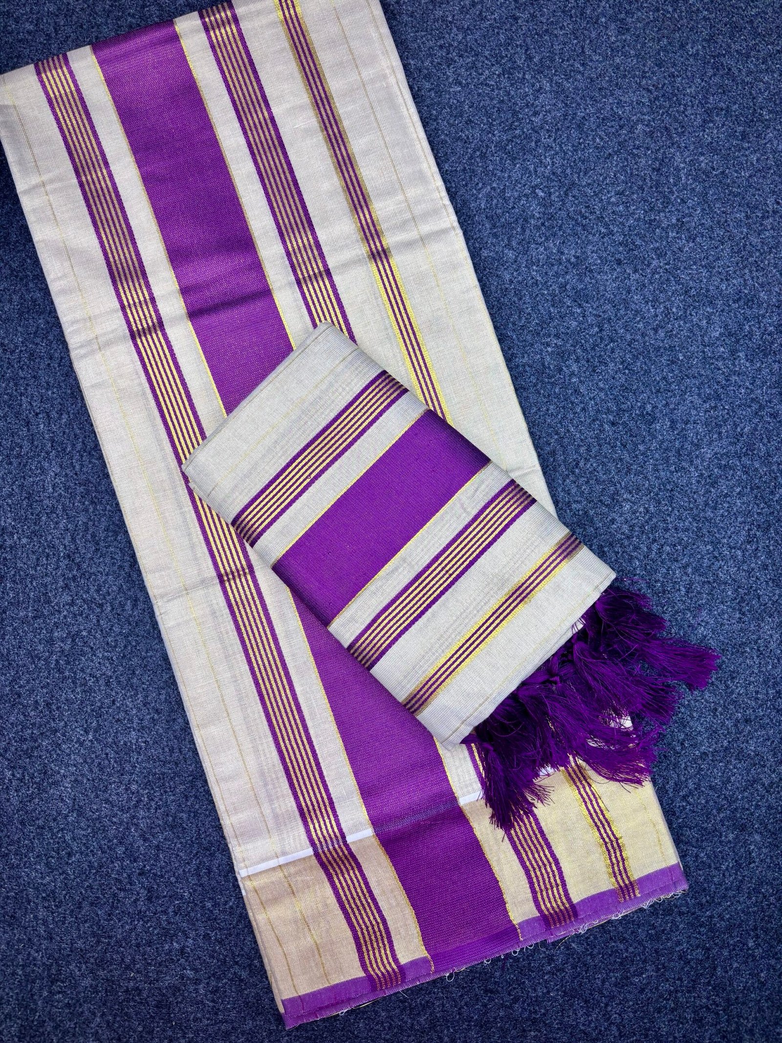 Kerala Traditional Tissue Set Mundu (2.80 Mtr) with Kunjalam Tassels | Kasavu Border | Festive & Ethnic Wear Mundum Neriyathum (1491A) - Image 2