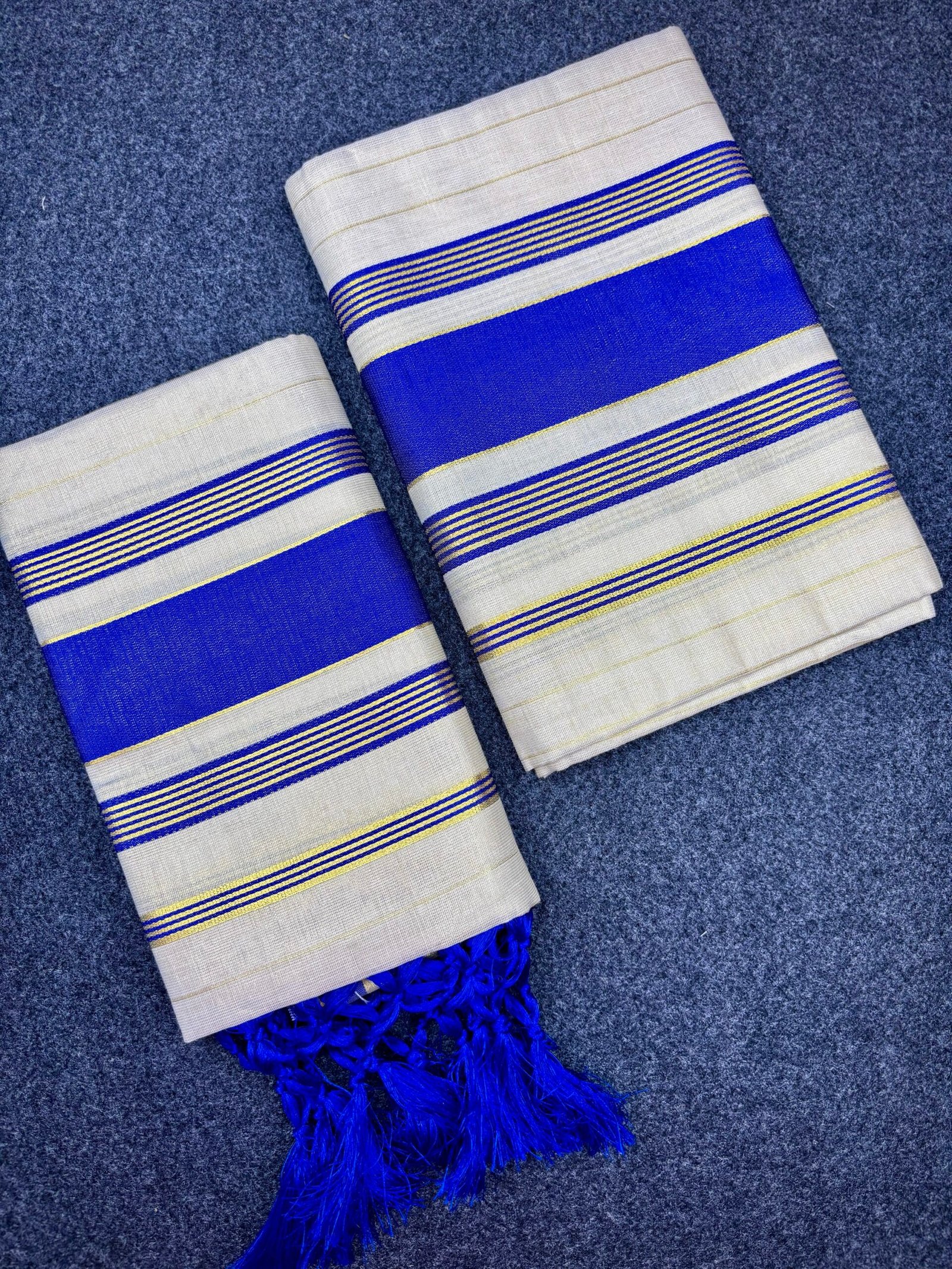 Kerala Traditional Tissue Set Mundu (2.80 Mtr) with Kunjalam Tassels | Kasavu Border | Festive & Ethnic Wear Mundum Neriyathum (1491AC)