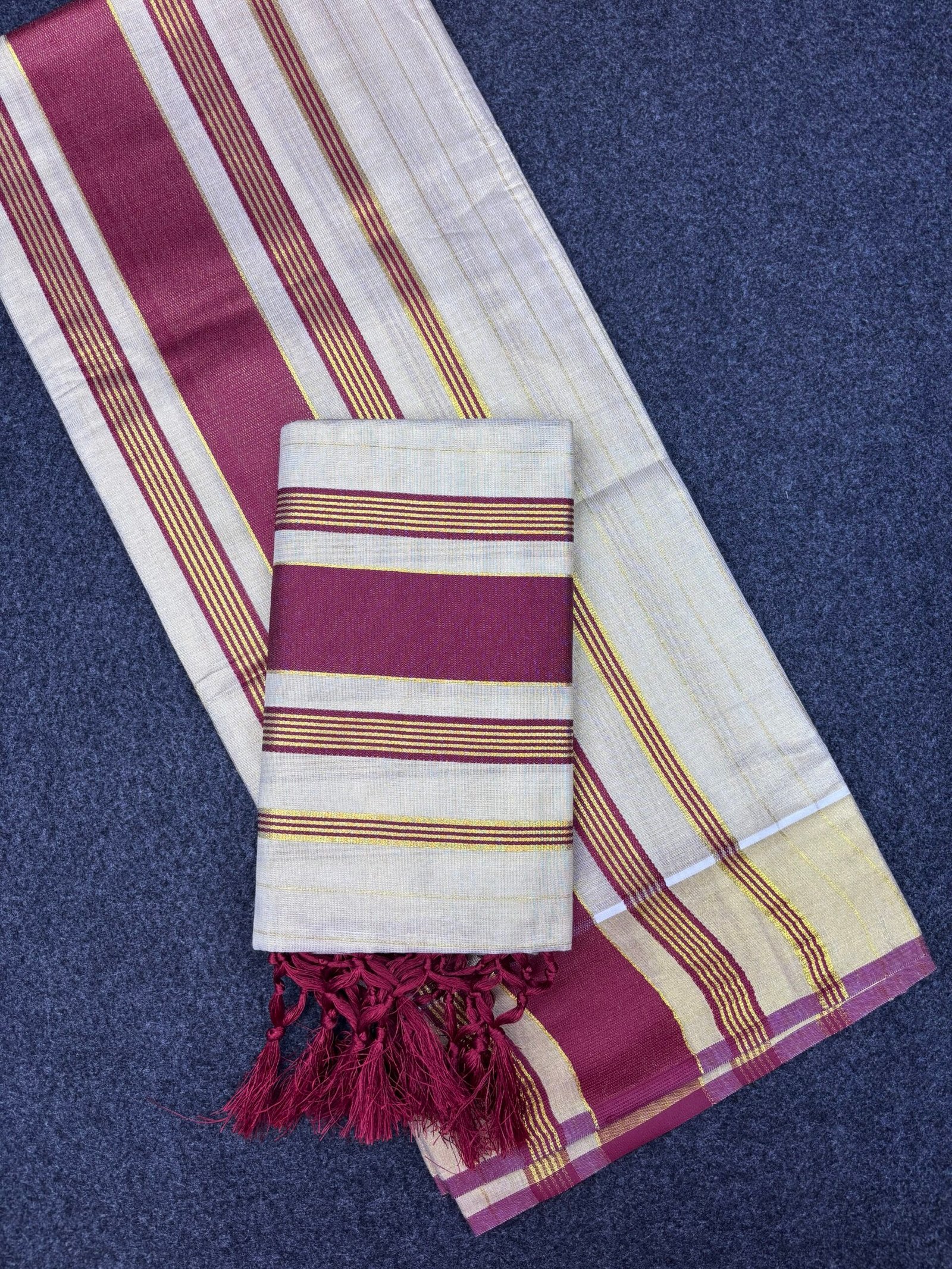 Kerala Traditional Tissue Set Mundu (2.80 Mtr) with Kunjalam Tassels | Kasavu Border | Festive & Ethnic Wear Mundum Neriyathum (1491D)