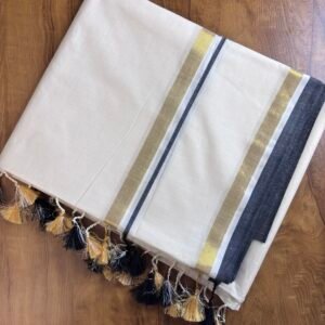 Premium Mul Cotton Saree with Elegant Contrast Border & Tassels – Lightweight, Breathable & Comfortable Black Tassels Gold and Black