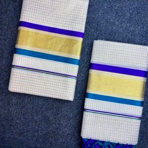 Premium Kerala Traditional Set Mundu 2.80 Meter | Elegant Checked Design with Rich Kasavu Border & Tassels