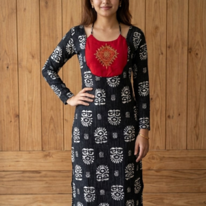 Women's Katha Cotton Straight Kurti | Slitted Pattern | Chudi Sleeves | Handwork Neck Patch with Back Tie A