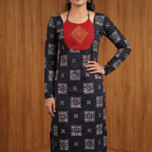 Women's Katha Cotton Straight Kurti | Slitted Pattern | Chudi Sleeves | Handwork Neck Patch with Back Tie B