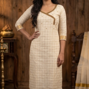 NeeHara Onam Collection Cotton Check Hand Work Kurta for Women | Ankarka Pattern | Slitted Design with Lining | Traditional Festive Wear | Sizes M to XXL