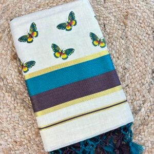 NeeHara Kerala Kasavu Saree with Butterfly Print | Traditional Kerala Saree with Running Blouse Piece