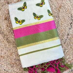 NeeHara Kerala Kasavu Saree with Butterfly Print | Traditional Kerala Saree with Running Blouse Piece Copy