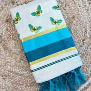 NeeHara Kerala Kasavu Saree with Butterfly Print | Traditional Kerala Saree with Running Blouse Piece Copy Copy