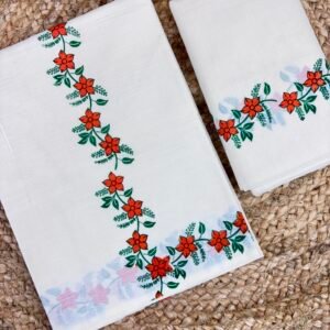 Premium Gada Cotton Kerala Set Mundu – 2.80 Metre Traditional Mundum Neriyathum with Elegant Floral Print (Red)