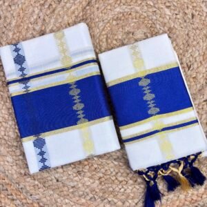 Cotton Kerala Set Mundu 2.80 mtr Off-White Kasavu Set with Royal Blue Kolam Print & Golden Border