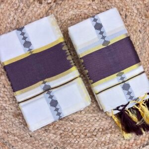 Cotton Kerala Set Mundu 2.80 mtr Off-White Kasavu Set with coffee brown Kolam Print & Golden Border