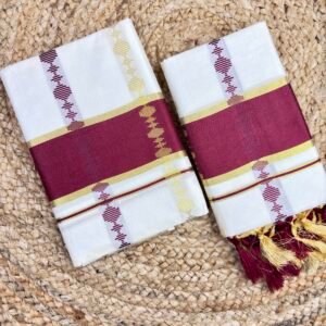 Cotton Kerala Set Mundu 2.80 mtr Off-White Kasavu Set with Maroon Kolam Print & Golden Border