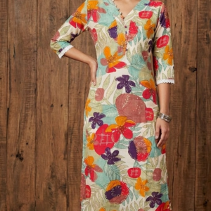 Women's Mull Chanderi Printed Co-Ord Set | Slitted Kurti with Lining & Cigarette Pants A